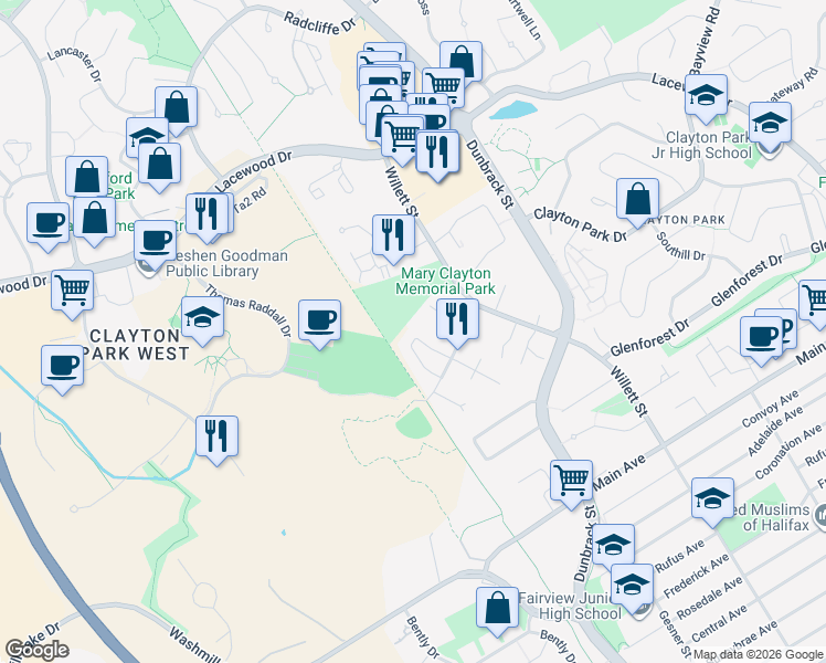 map of restaurants, bars, coffee shops, grocery stores, and more near 57 Westgrove Place in Halifax