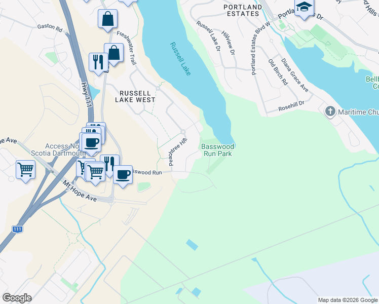 map of restaurants, bars, coffee shops, grocery stores, and more near 44 Morningfield Lane in Dartmouth