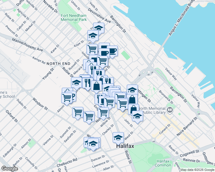 map of restaurants, bars, coffee shops, grocery stores, and more near 2680 Agricola Street in Halifax