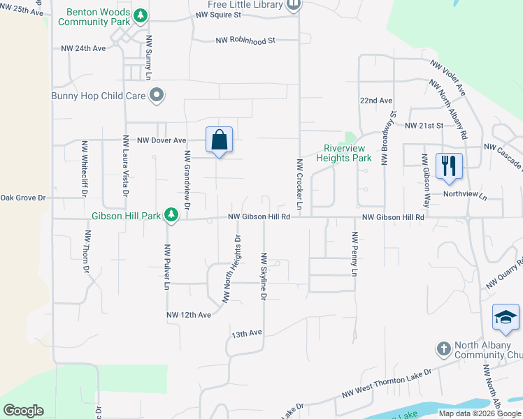 map of restaurants, bars, coffee shops, grocery stores, and more near 2595 Northwest Gibson Hill Road in Albany