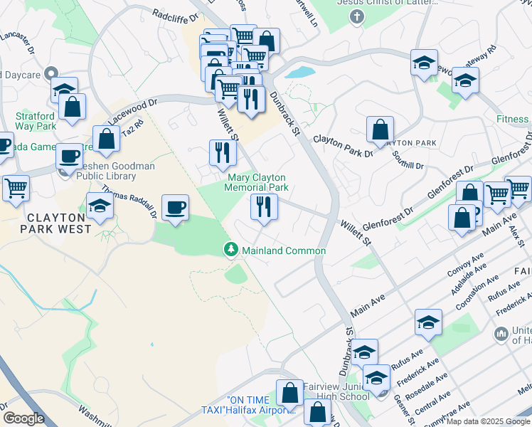 map of restaurants, bars, coffee shops, grocery stores, and more near Westridge Drive in Halifax