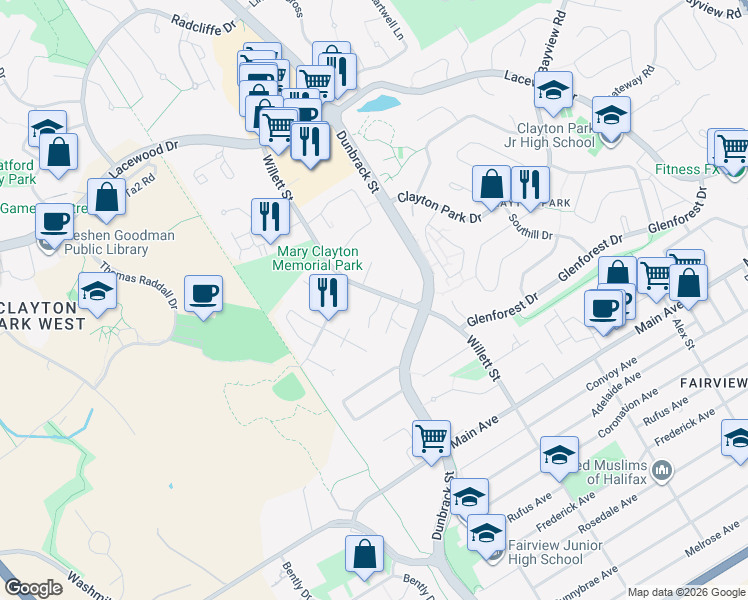 map of restaurants, bars, coffee shops, grocery stores, and more near 222 Willett Street in Halifax