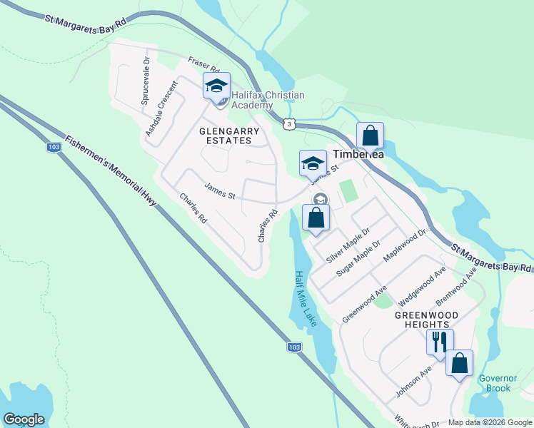 map of restaurants, bars, coffee shops, grocery stores, and more near 71 James Street in Timberlea