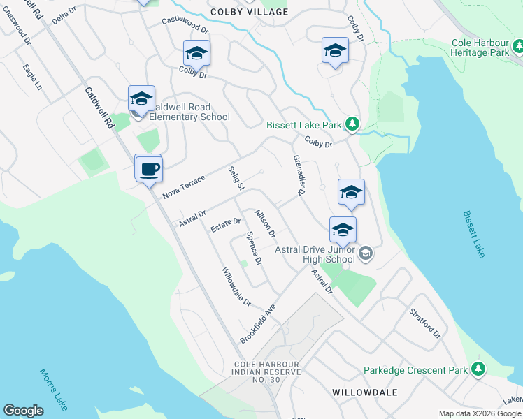 map of restaurants, bars, coffee shops, grocery stores, and more near 20 Allison Drive in Dartmouth