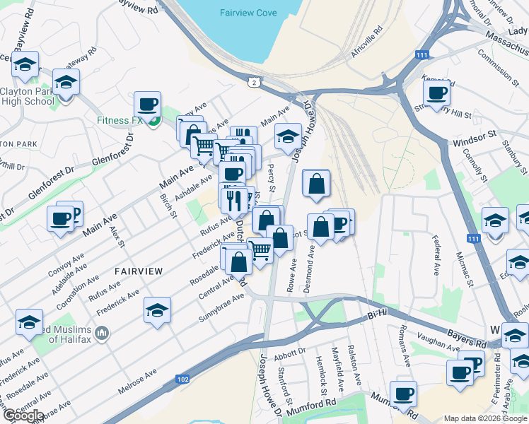 map of restaurants, bars, coffee shops, grocery stores, and more near 3570 Percy Street in Halifax