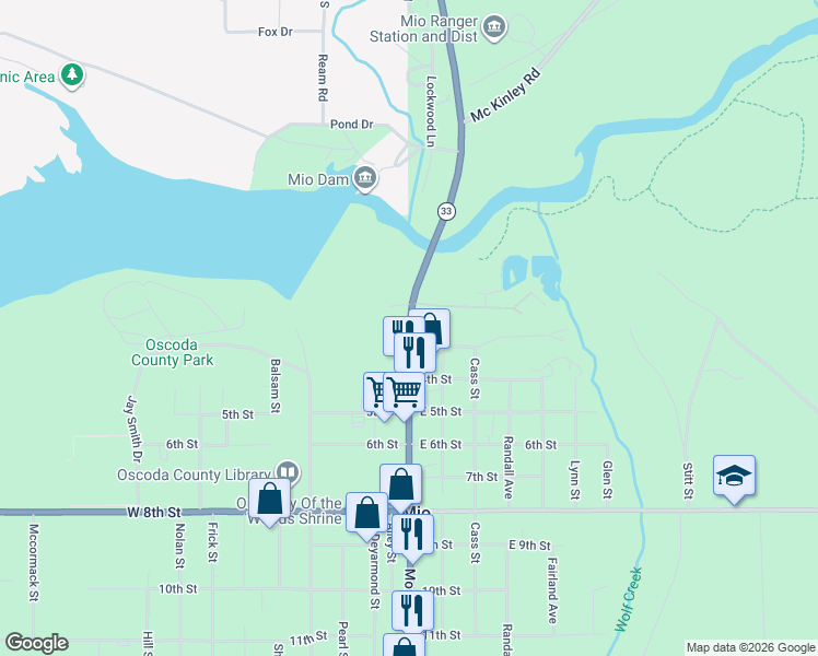map of restaurants, bars, coffee shops, grocery stores, and more near Morenci Avenue in Mio