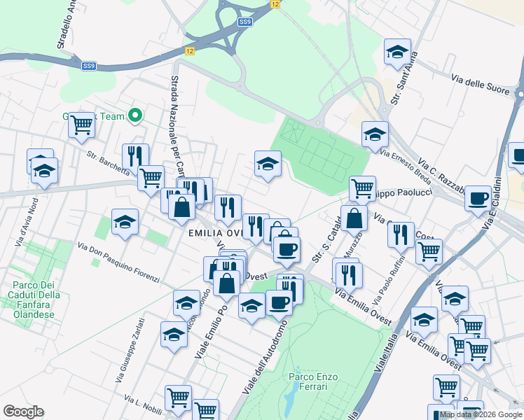 map of restaurants, bars, coffee shops, grocery stores, and more near 45 Via Edmondo de Amicis in Modena