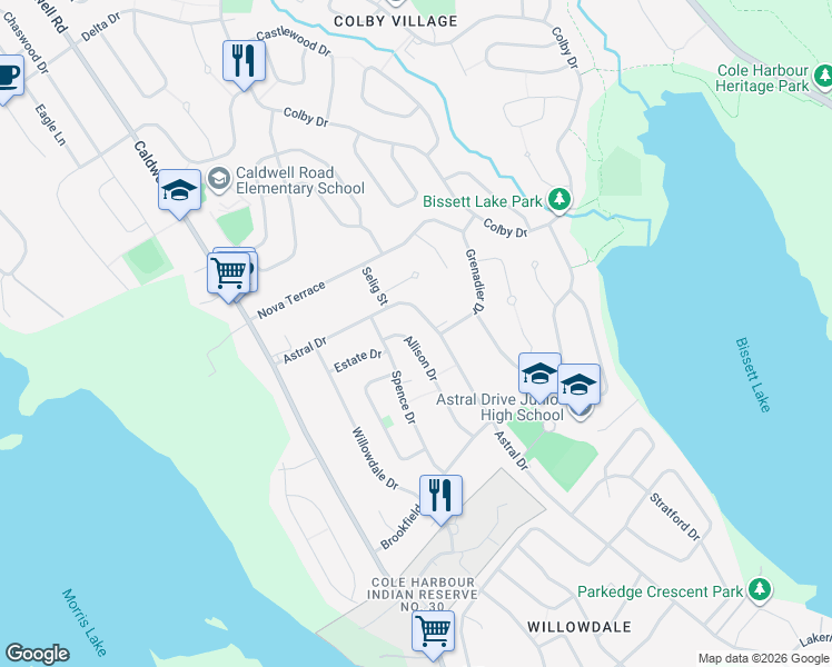 map of restaurants, bars, coffee shops, grocery stores, and more near 20 Allison Drive in Dartmouth