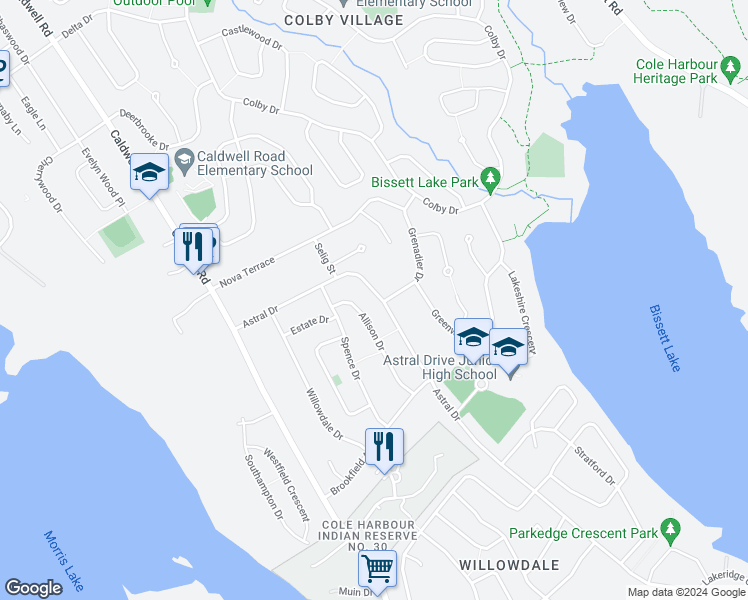 map of restaurants, bars, coffee shops, grocery stores, and more near 117 Astral Drive in Dartmouth