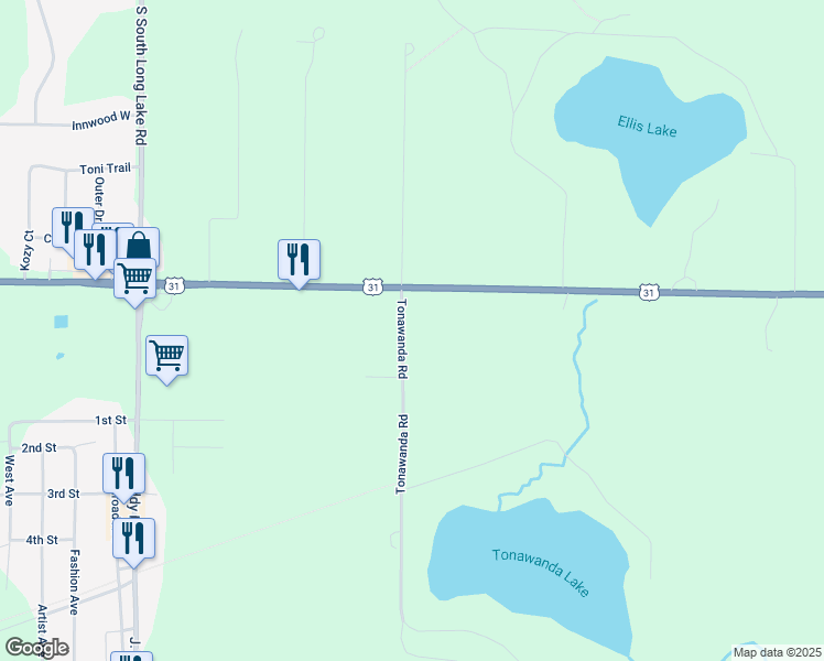 map of restaurants, bars, coffee shops, grocery stores, and more near 2000-2192 Tonawanda Rd in Grand Traverse