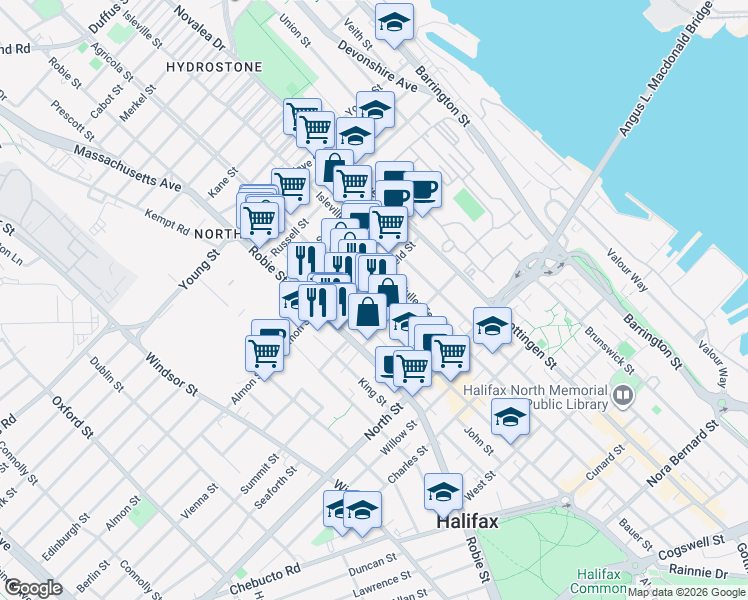 map of restaurants, bars, coffee shops, grocery stores, and more near 2739 Agricola Street in Halifax