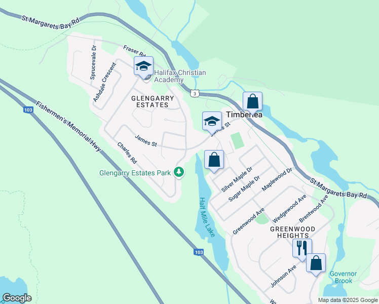 map of restaurants, bars, coffee shops, grocery stores, and more near 66 James Street in Timberlea