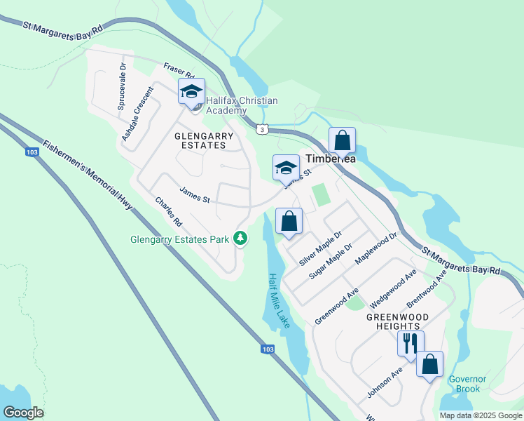 map of restaurants, bars, coffee shops, grocery stores, and more near 66 James Street in Timberlea