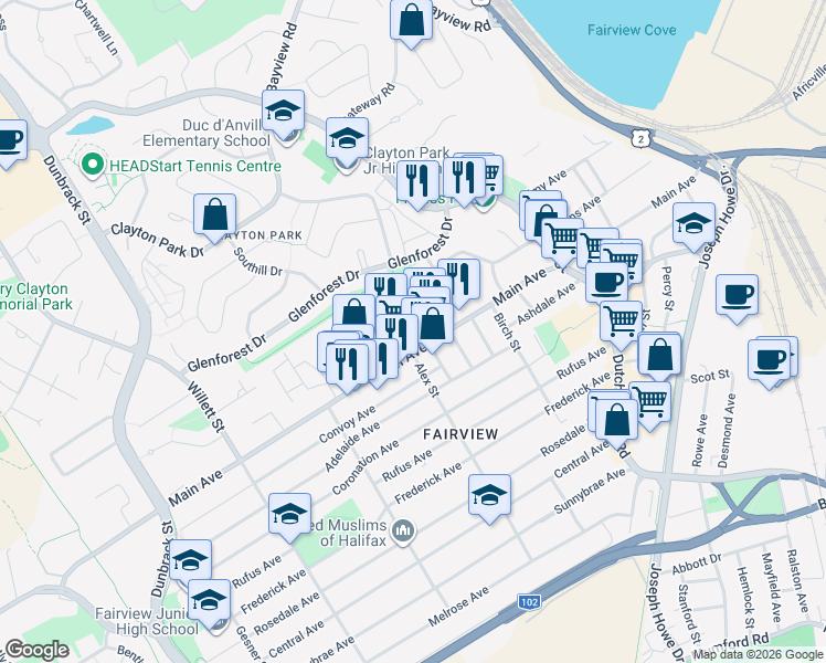 map of restaurants, bars, coffee shops, grocery stores, and more near 26 Randall Avenue in Halifax