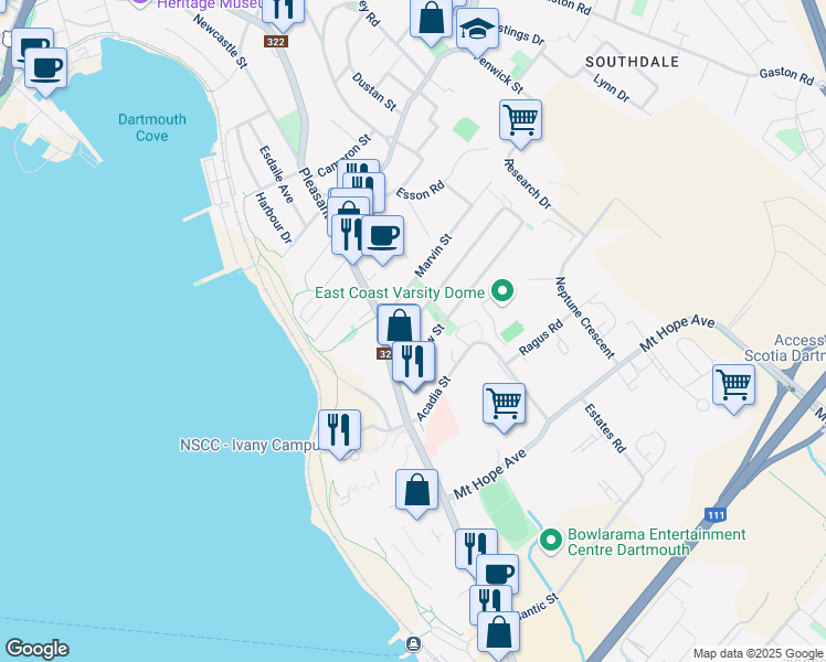map of restaurants, bars, coffee shops, grocery stores, and more near 16 Chadwick Street in Dartmouth