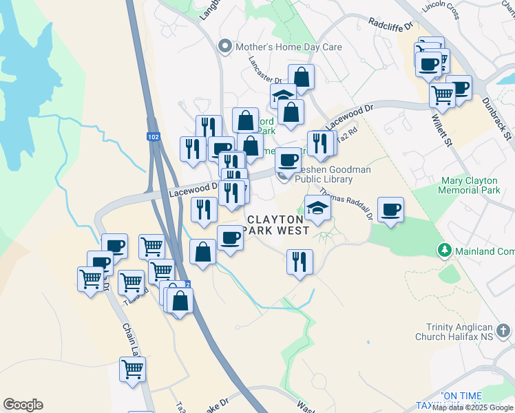 map of restaurants, bars, coffee shops, grocery stores, and more near 40 Regency Park Drive in Halifax