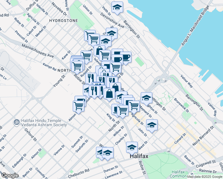 map of restaurants, bars, coffee shops, grocery stores, and more near 2739 Agricola Street in Halifax