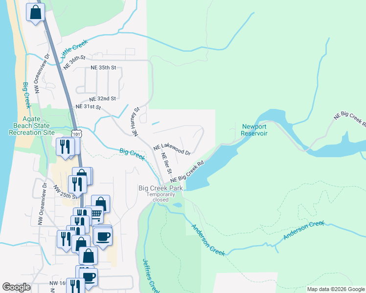 map of restaurants, bars, coffee shops, grocery stores, and more near Northeast Klamath Place in Newport