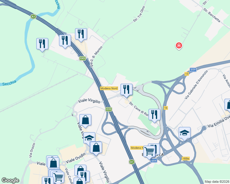map of restaurants, bars, coffee shops, grocery stores, and more near 19 Strada Tre Olmi in Modena