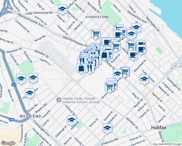 map of restaurants, bars, coffee shops, grocery stores, and more near 6140 Young Street in Halifax