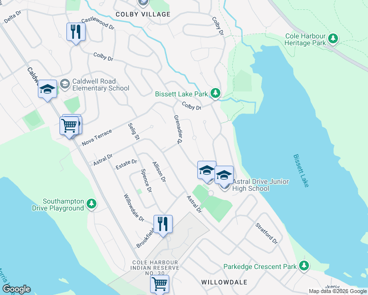 map of restaurants, bars, coffee shops, grocery stores, and more near 4 Panavista Drive in Dartmouth