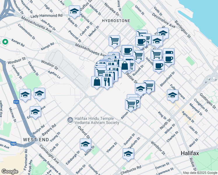 map of restaurants, bars, coffee shops, grocery stores, and more near 6100 Young Street in Halifax