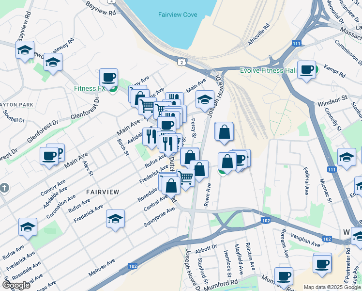 map of restaurants, bars, coffee shops, grocery stores, and more near 3611 Deal Street in Halifax