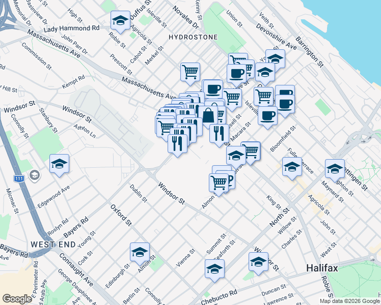 map of restaurants, bars, coffee shops, grocery stores, and more near 3016 Monaghan Drive in Halifax