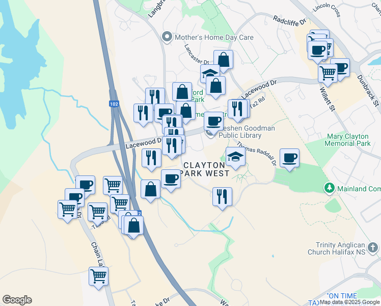 map of restaurants, bars, coffee shops, grocery stores, and more near 40 Regency Park Drive in Halifax