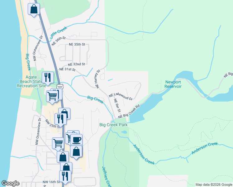 map of restaurants, bars, coffee shops, grocery stores, and more near 913 Northeast Lakewood Drive in Newport