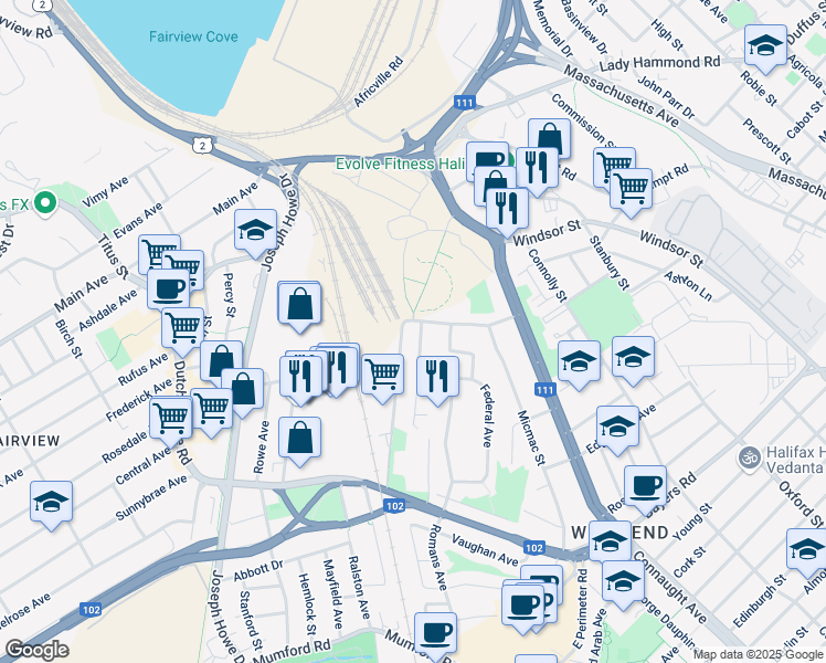 map of restaurants, bars, coffee shops, grocery stores, and more near 3486 Saint Andrews Avenue in Halifax