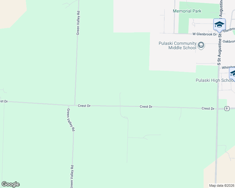 map of restaurants, bars, coffee shops, grocery stores, and more near W356 Crest Drive in Pulaski