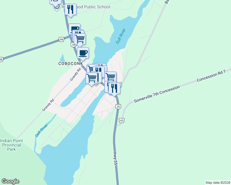 map of restaurants, bars, coffee shops, grocery stores, and more near 6644 Ontario 35 in Kawartha Lakes