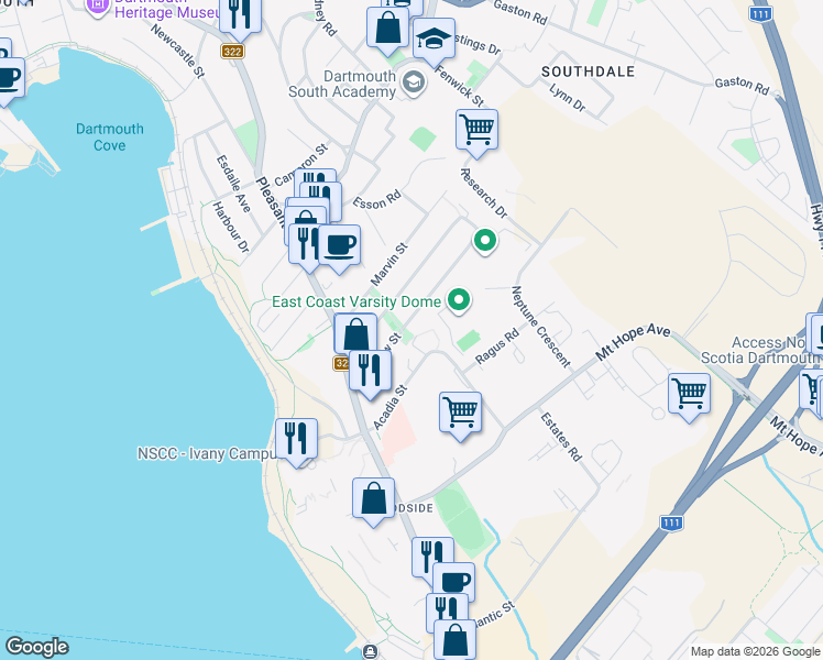 map of restaurants, bars, coffee shops, grocery stores, and more near 258 Renfrew Street in Dartmouth