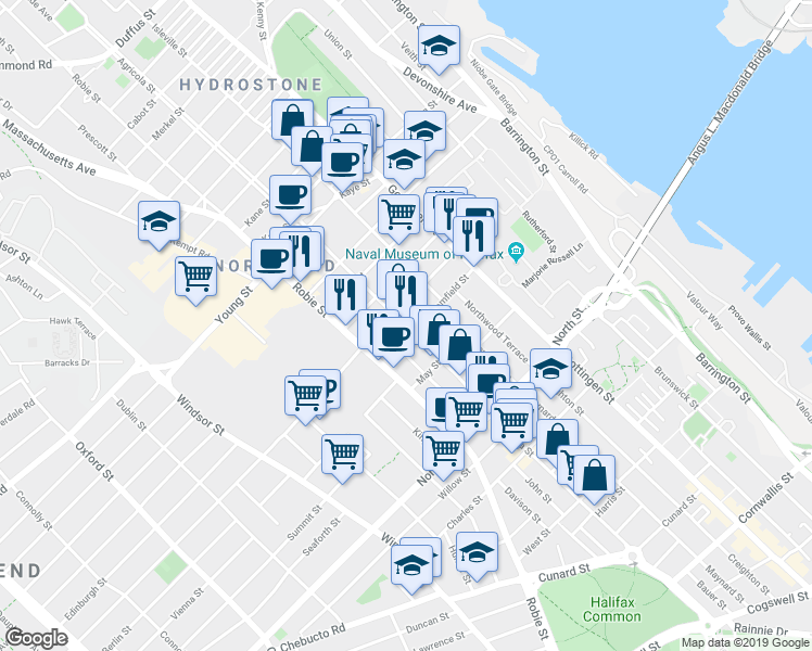 map of restaurants, bars, coffee shops, grocery stores, and more near 2777 Agricola Street in Halifax