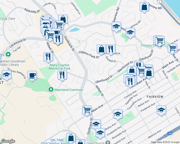 map of restaurants, bars, coffee shops, grocery stores, and more near 84 Forestside Crescent in Halifax