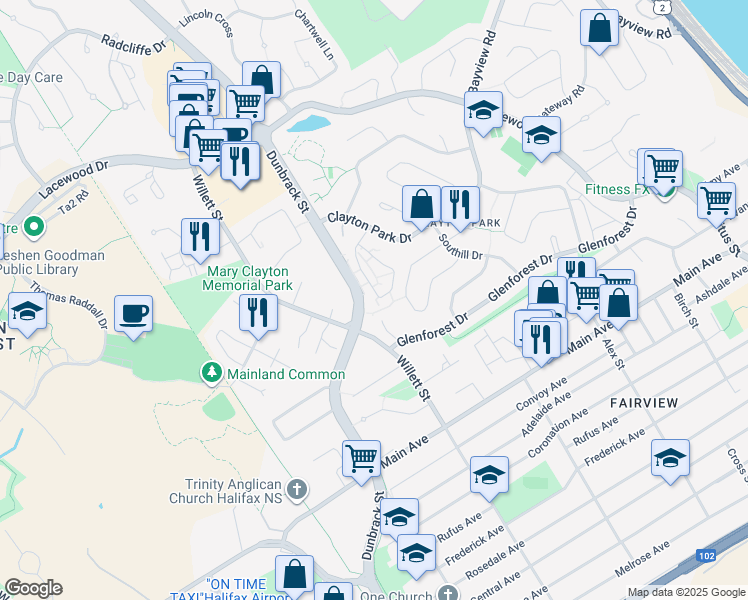 map of restaurants, bars, coffee shops, grocery stores, and more near 84 Forestside Crescent in Halifax