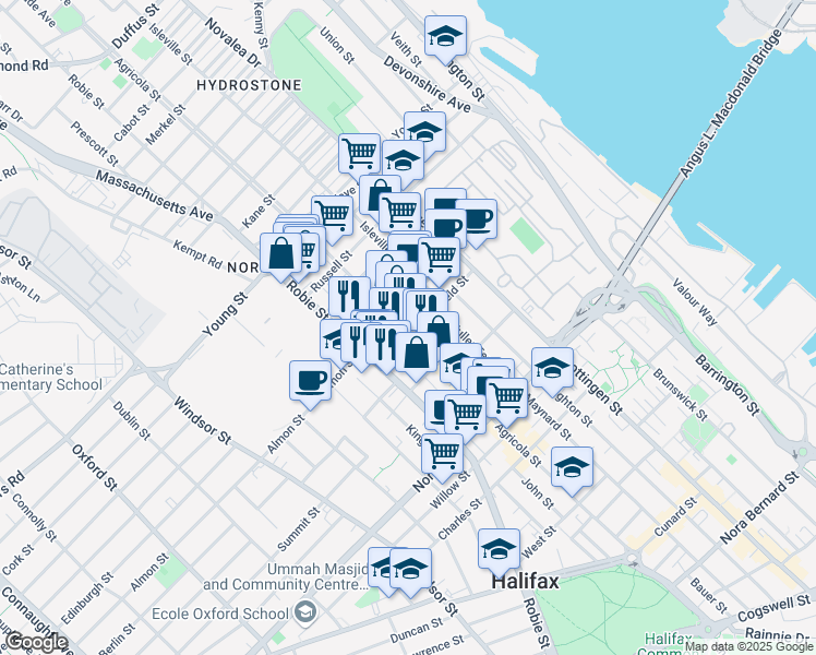 map of restaurants, bars, coffee shops, grocery stores, and more near 2775 Agricola Street in Halifax