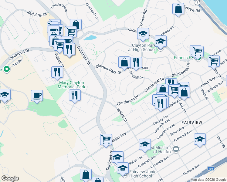 map of restaurants, bars, coffee shops, grocery stores, and more near 77 Forestside Crescent in Halifax