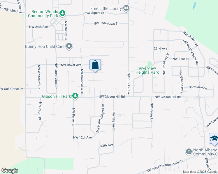 map of restaurants, bars, coffee shops, grocery stores, and more near 2595 Northwest Gibson Hill Road in Albany