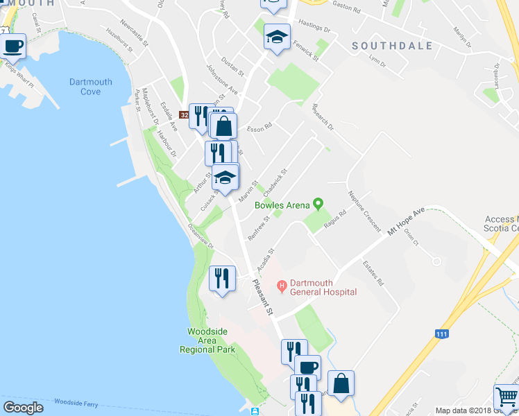 map of restaurants, bars, coffee shops, grocery stores, and more near 16 Chadwick Street in Dartmouth