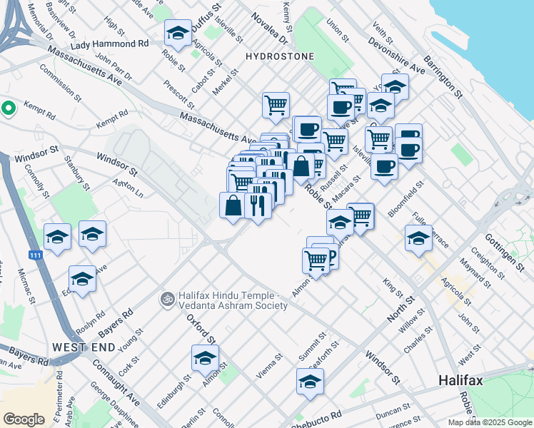 map of restaurants, bars, coffee shops, grocery stores, and more near 6140 Young Street in Halifax