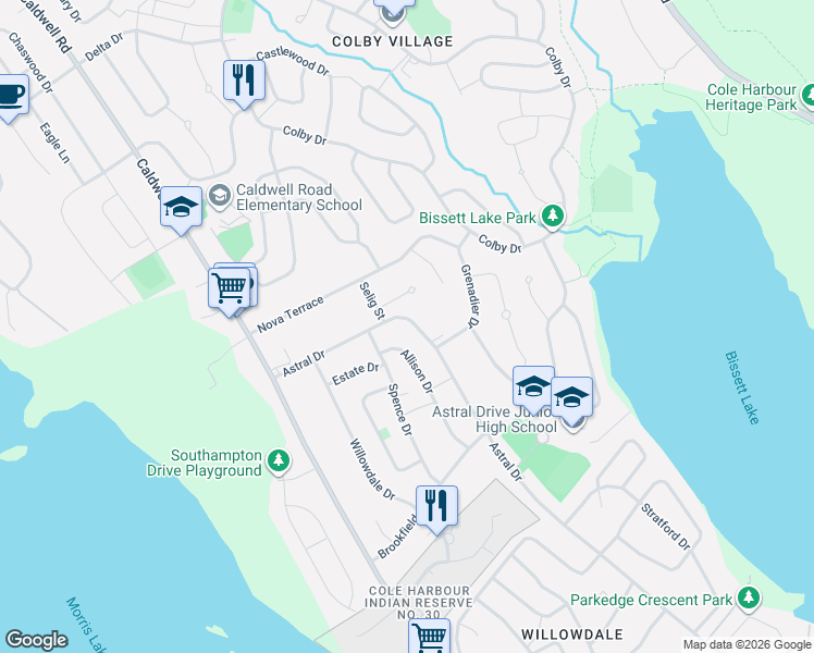 map of restaurants, bars, coffee shops, grocery stores, and more near 107 Astral Drive in Dartmouth