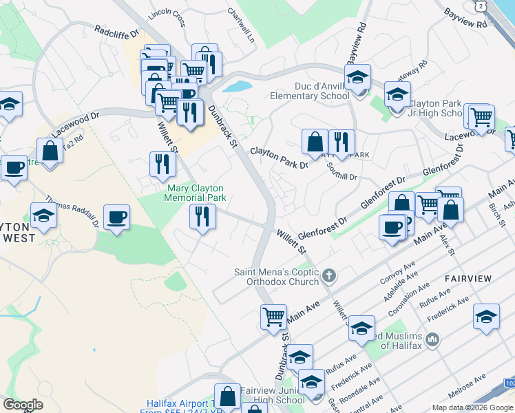 map of restaurants, bars, coffee shops, grocery stores, and more near 211 Willett Street in Halifax