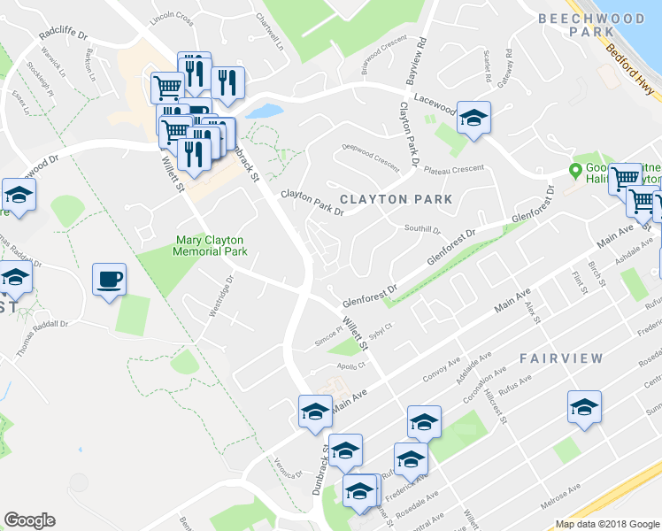 map of restaurants, bars, coffee shops, grocery stores, and more near 77 Forestside Crescent in Halifax