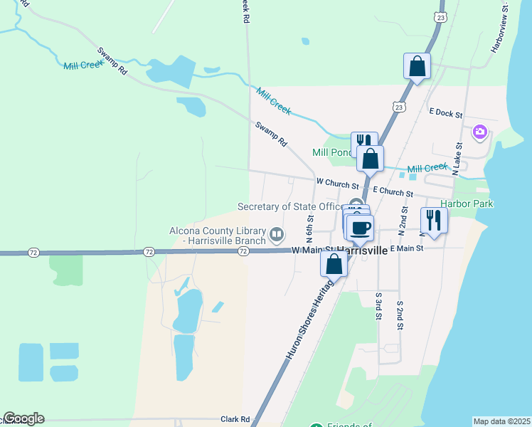 map of restaurants, bars, coffee shops, grocery stores, and more near 200 North 8th Street in Harrisville