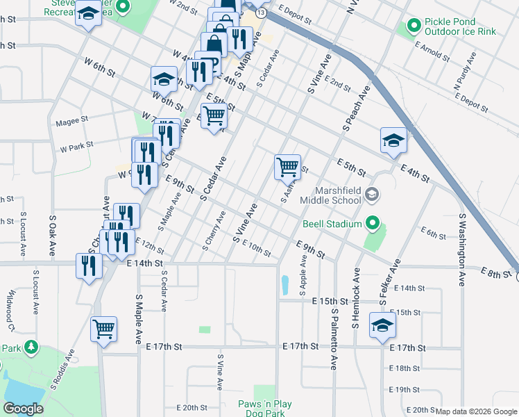 map of restaurants, bars, coffee shops, grocery stores, and more near 805 South Vine Avenue in Marshfield