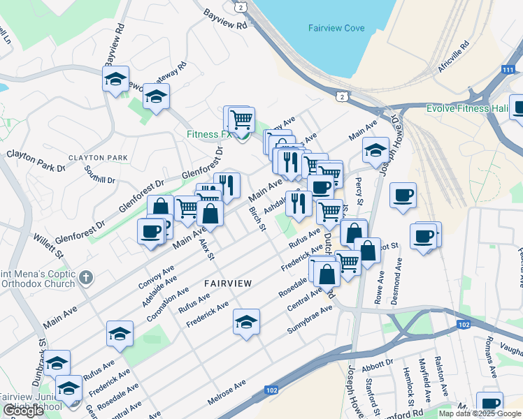 map of restaurants, bars, coffee shops, grocery stores, and more near 35 Ashdale Avenue in Halifax