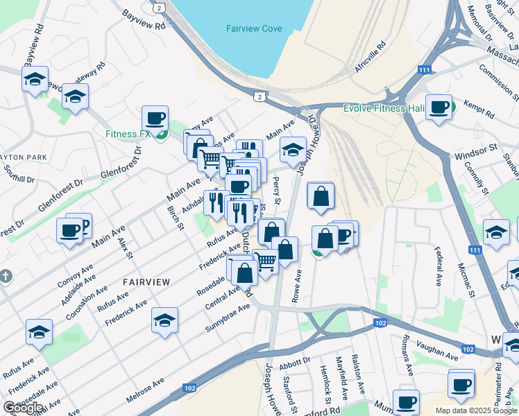 map of restaurants, bars, coffee shops, grocery stores, and more near 3618 Deal Street in Halifax
