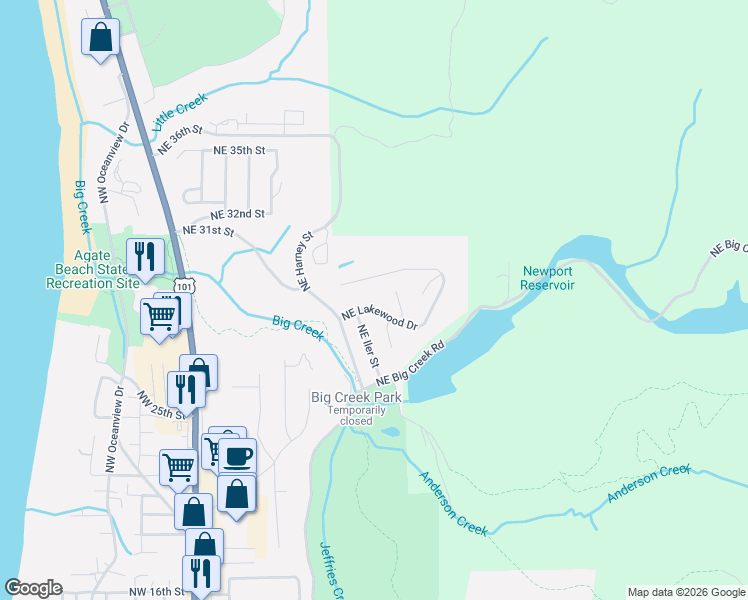 map of restaurants, bars, coffee shops, grocery stores, and more near 913 Northeast Lakewood Drive in Newport